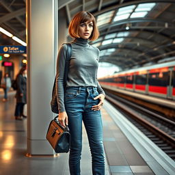 A fashionable 33-year-old woman with a chic bob haircut is waiting at a train station, her expression showing annoyance