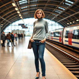 A fashionable 33-year-old woman with a chic bob haircut is waiting at a train station, her expression showing annoyance