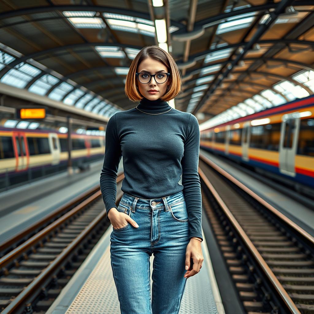 A fashionable 33-year-old woman with a chic bob haircut is waiting at a train station, her expression clearly showing annoyance