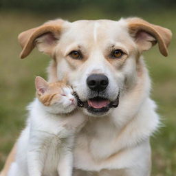 A friendly dog gently holding a small, peaceful cat in its mouth, depicting a unique harmony between different species.