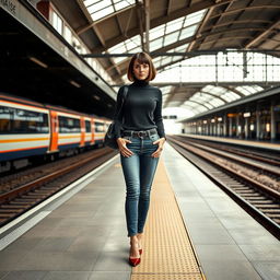 A fashionable 33-year-old woman with a chic bob haircut is waiting at a train station, her expression clearly showing annoyance