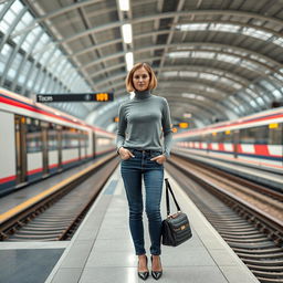 A fashionable 33-year-old woman with a chic bob haircut is waiting at a train station, her expression clearly showing annoyance