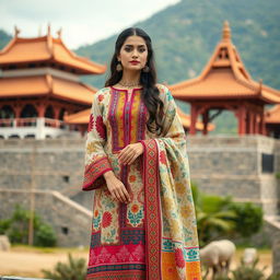 A beautifully designed traditional outfit with intricate patterns and vibrant colors, showcasing a blend of modern and classic styles