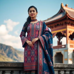 A beautifully designed traditional outfit with intricate patterns and vibrant colors, showcasing a blend of modern and classic styles