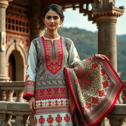 A beautifully designed traditional outfit with intricate patterns and vibrant colors, showcasing a blend of modern and classic styles