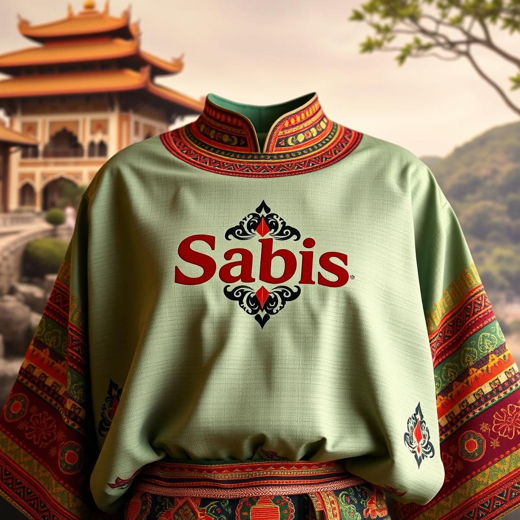 A beautifully designed traditional outfit with intricate patterns and vibrant colors, featuring the Sabis logo prominently on the front