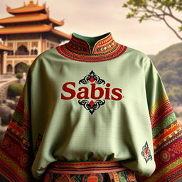 A beautifully designed traditional outfit with intricate patterns and vibrant colors, featuring the Sabis logo prominently on the front