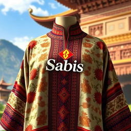 A beautifully designed traditional outfit with intricate patterns and vibrant colors, featuring the Sabis logo prominently on the front