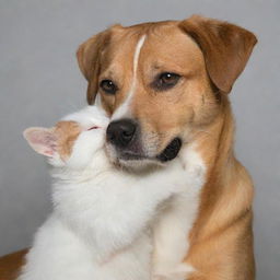 A friendly dog gently holding a small, peaceful cat in its mouth, depicting a unique harmony between different species.