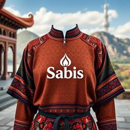 A beautifully designed traditional outfit with intricate patterns and vibrant colors, featuring the Sabis logo prominently on the front