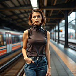 A stylish 34-year-old woman with a sleek bob haircut is waiting at the train station, her expression a mix of annoyance and impatience