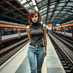 A stylish 34-year-old woman with a sleek bob haircut is waiting at the train station, her expression a mix of annoyance and impatience