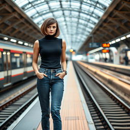 A stylish 34-year-old woman with a sleek bob haircut is waiting at the train station, her expression a mix of annoyance and impatience