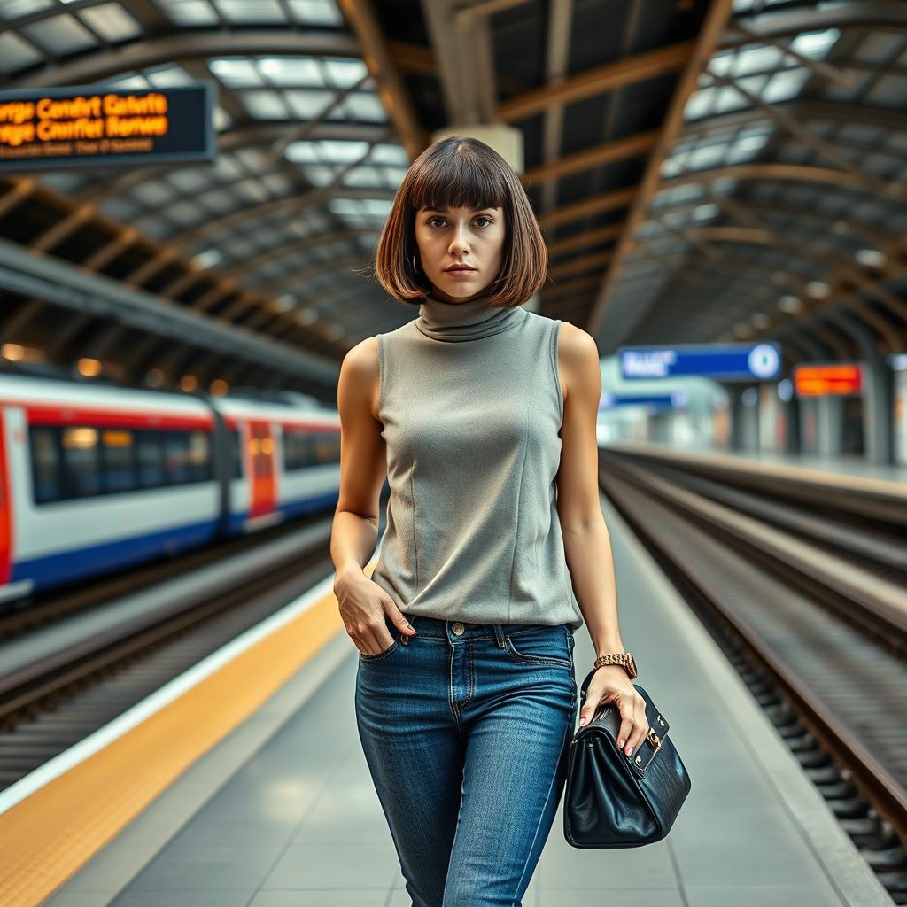 A fashionable 34-year-old woman with a sleek bob haircut is waiting at a train station, her expression showing clear annoyance