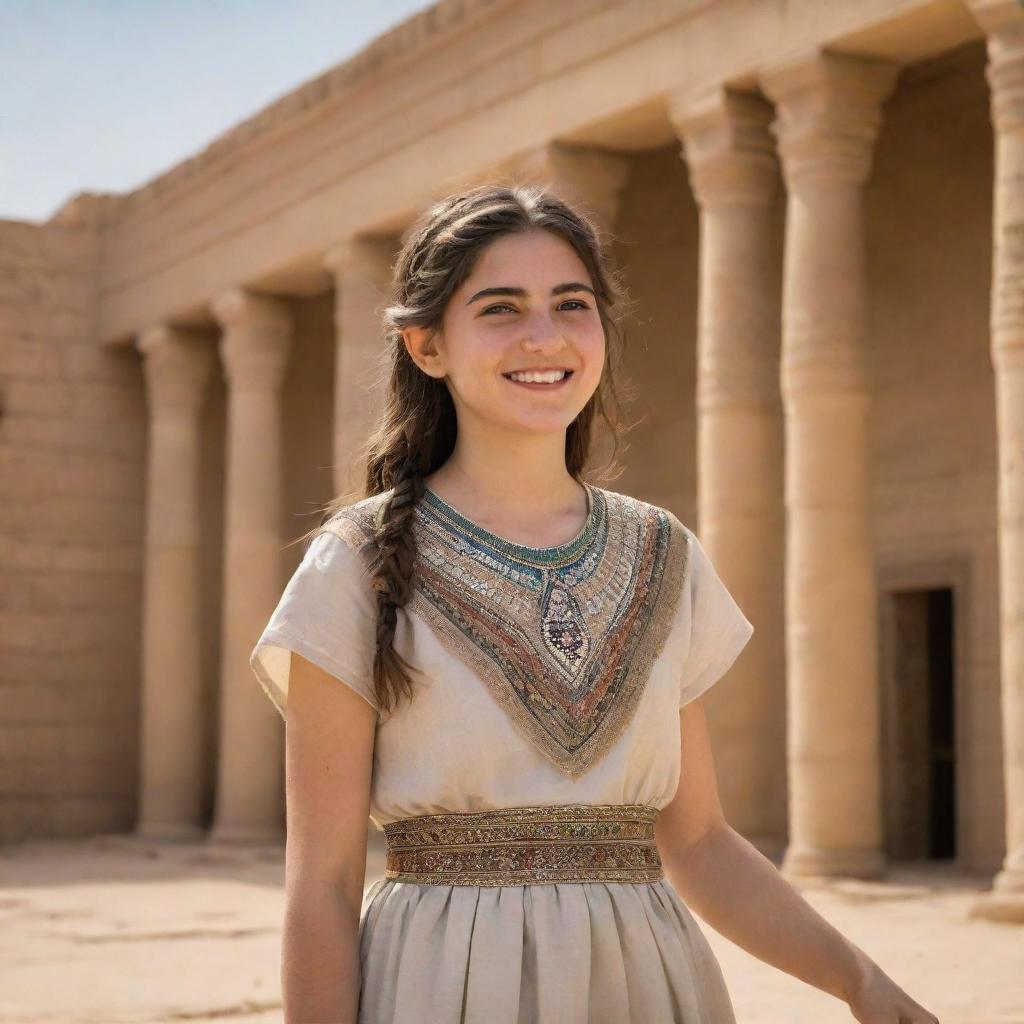 A spirited, animated teenage girl in traditional Mesopotamian attire, with a backdrop of ancient Mesopotamian architecture.