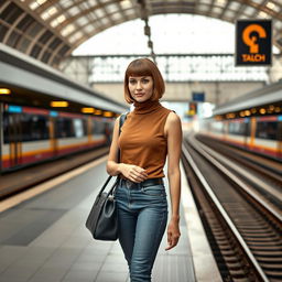 A fashionable 34-year-old woman with a sleek bob haircut is waiting at a train station, her expression showing clear annoyance