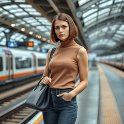 A fashionable 34-year-old woman with a sleek bob haircut is waiting at a train station, her expression showing clear annoyance