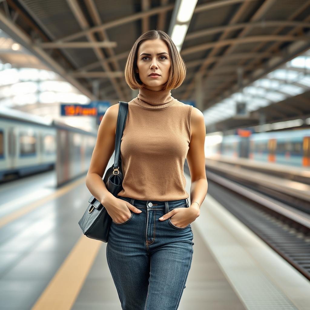 A fashionable 34-year-old woman with a sleek bob haircut is waiting at a train station, her expression showing clear annoyance