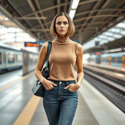 A fashionable 34-year-old woman with a sleek bob haircut is waiting at a train station, her expression showing clear annoyance
