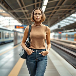 A fashionable 34-year-old woman with a sleek bob haircut is waiting at a train station, her expression showing clear annoyance