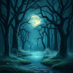 A mysterious forest, bathed in moonlight, with an ethereal mist floating above the ground