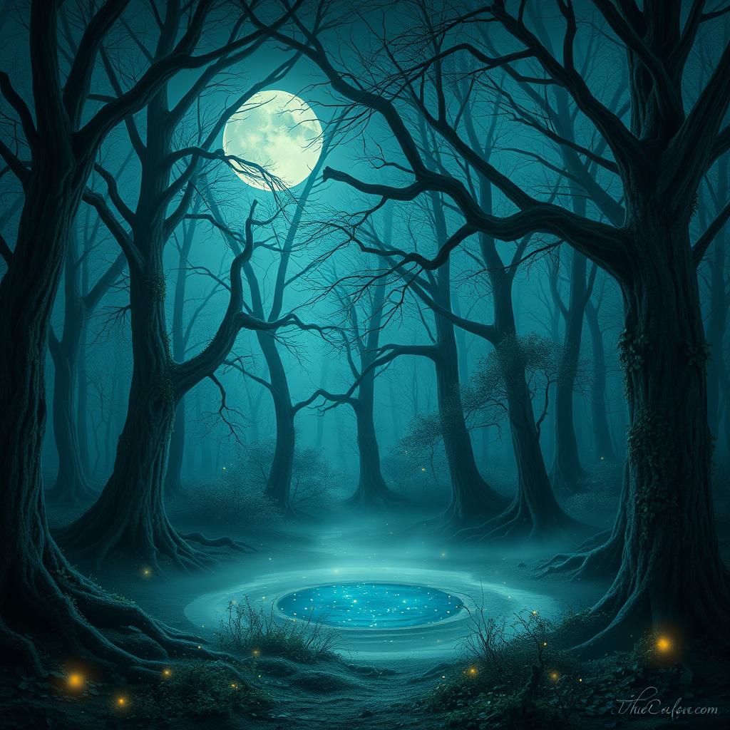 A mysterious forest, bathed in moonlight, with an ethereal mist floating above the ground