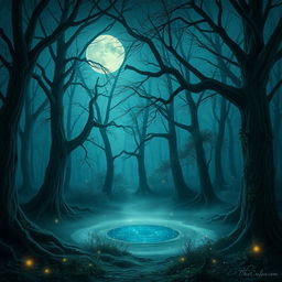 A mysterious forest, bathed in moonlight, with an ethereal mist floating above the ground