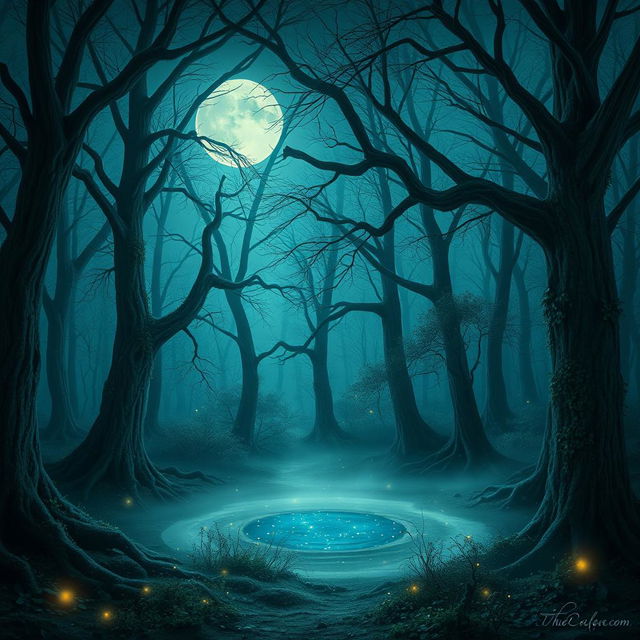 A mysterious forest, bathed in moonlight, with an ethereal mist floating above the ground