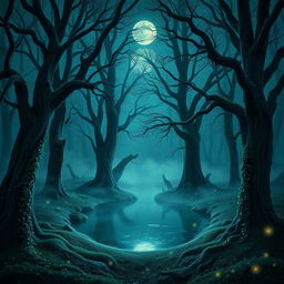 A mysterious forest, bathed in moonlight, with an ethereal mist floating above the ground