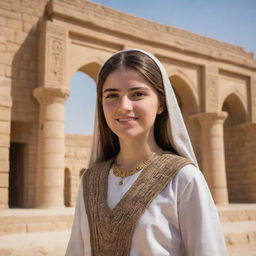 A spirited, animated teenage girl in traditional Mesopotamian attire, with a backdrop of ancient Mesopotamian architecture.