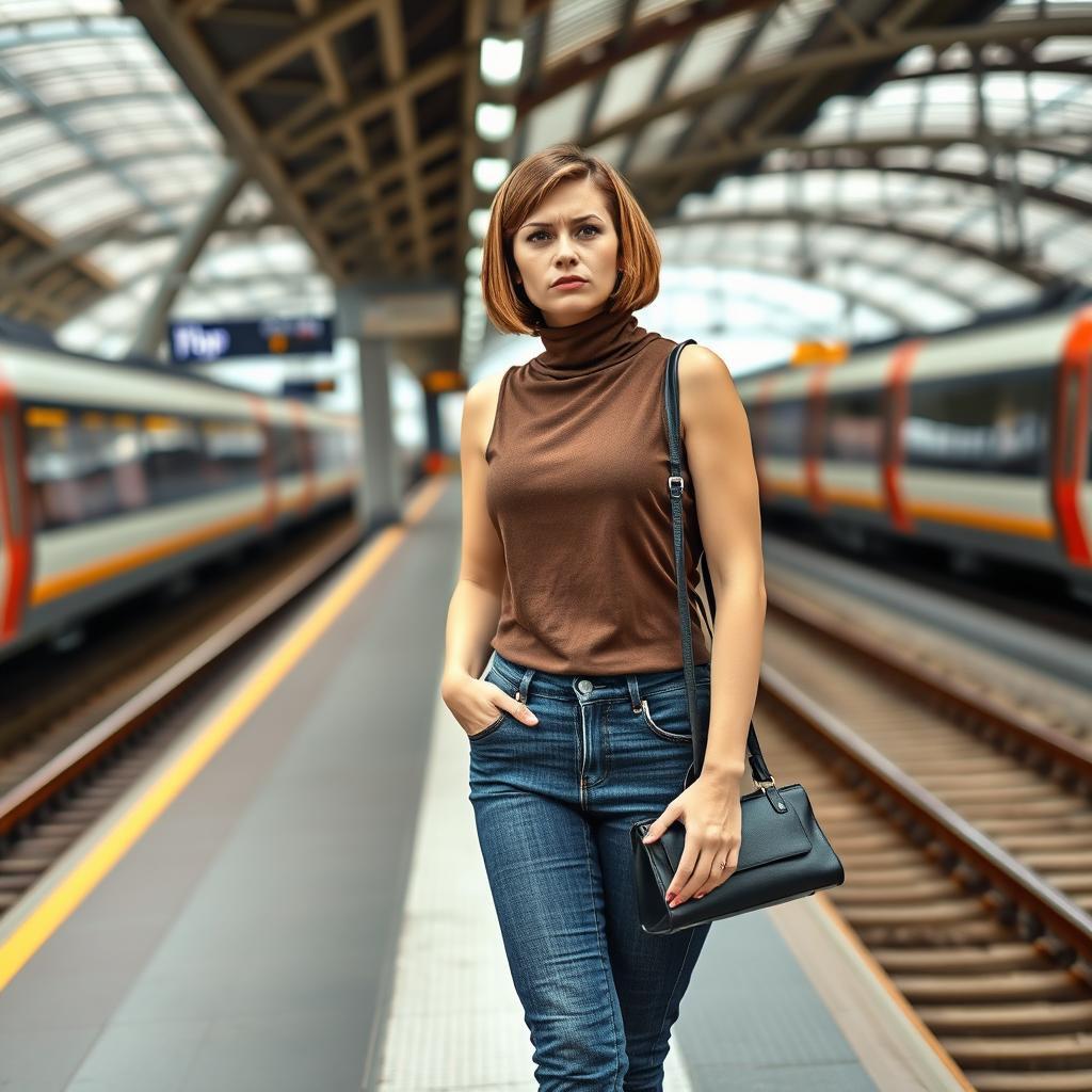 A fashionable 34-year-old woman with a sleek bob haircut is waiting at the train station, her expression showing clear annoyance