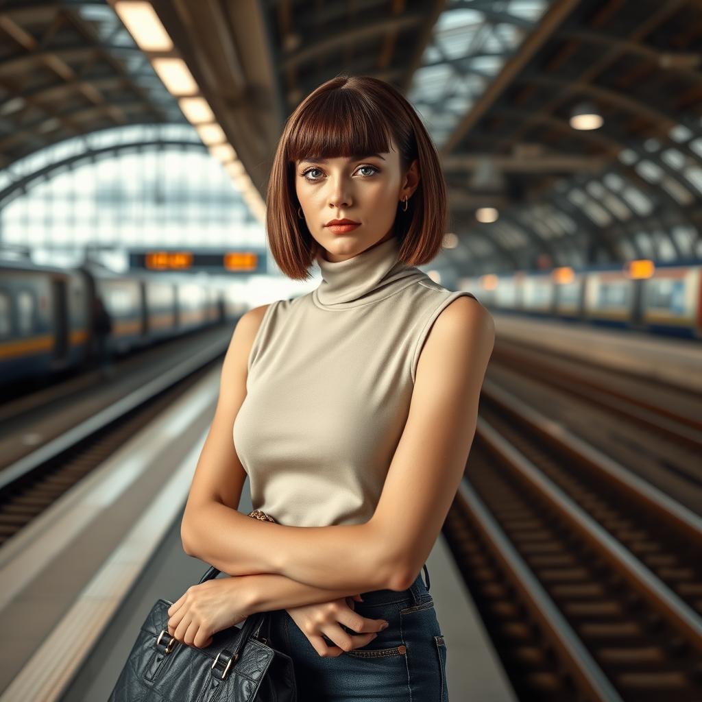 A fashionable 34-year-old woman with a sleek bob haircut is waiting at the train station, her expression showing clear annoyance