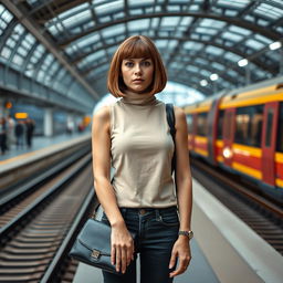 A fashionable 34-year-old woman with a sleek bob haircut is waiting at the train station, her expression showing clear annoyance