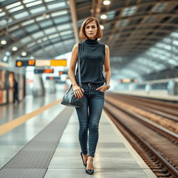 A fashionable 34-year-old woman with a sleek bob haircut is waiting at the train station, her expression showing clear annoyance