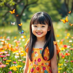 A cute Asian girl with a friendly smile stands in a sunlit meadow filled with colorful wildflowers