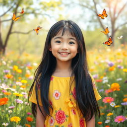 A cute Asian girl with a friendly smile stands in a sunlit meadow filled with colorful wildflowers