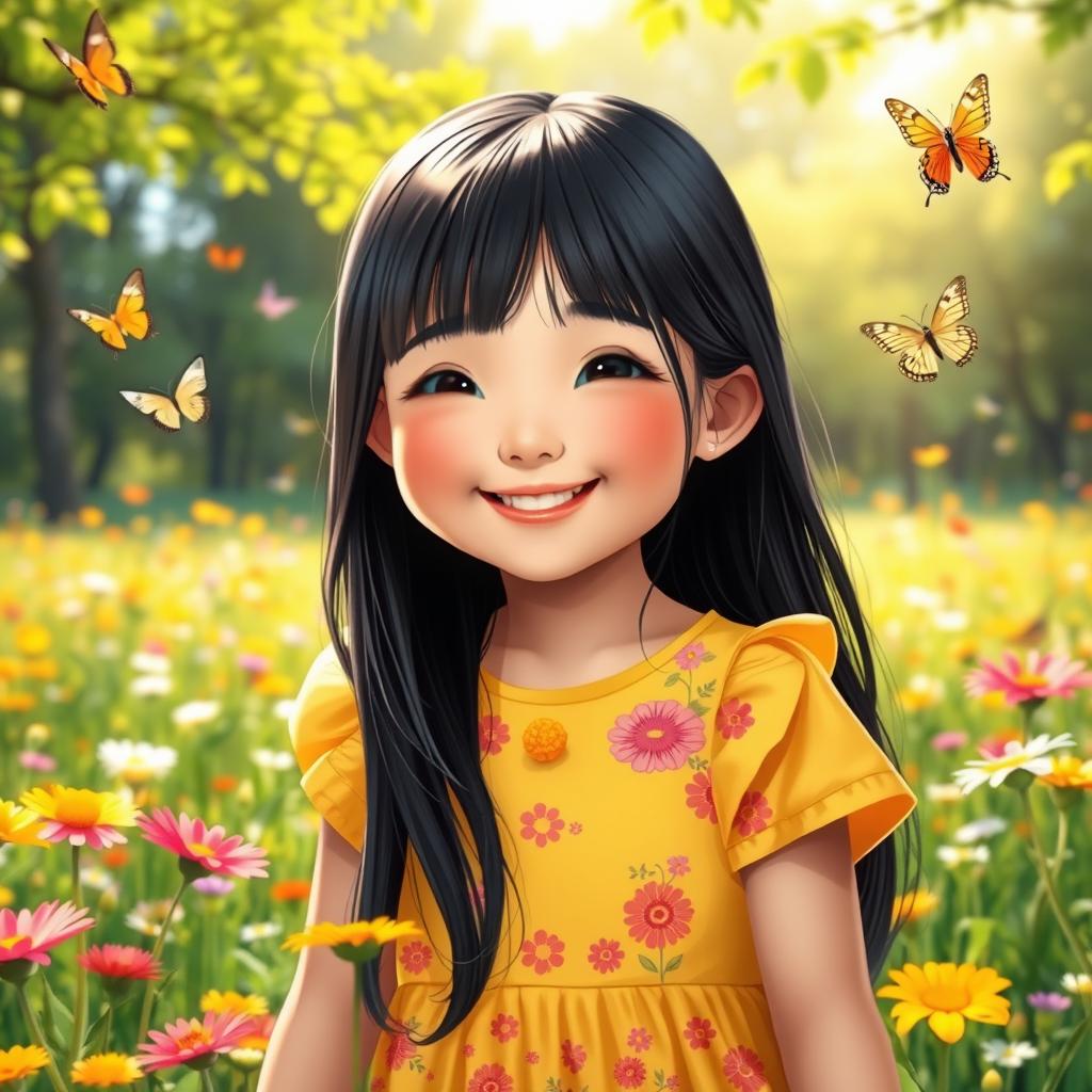 A cute Asian girl with a friendly smile stands in a sunlit meadow filled with colorful wildflowers