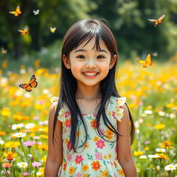 A cute Asian girl with a friendly smile stands in a sunlit meadow filled with colorful wildflowers