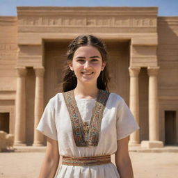 A spirited, animated teenage girl in traditional Mesopotamian attire, with a backdrop of ancient Mesopotamian architecture.