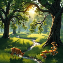 A serene woodland scene with a small stream running through it