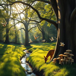 A serene woodland scene with a small stream running through it