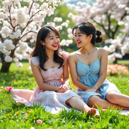 Two cute Asian women enjoying a sunny day at the park, sitting on a picnic blanket surrounded by blooming cherry blossoms