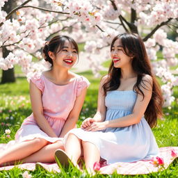 Two cute Asian women enjoying a sunny day at the park, sitting on a picnic blanket surrounded by blooming cherry blossoms