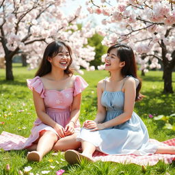 Two cute Asian women enjoying a sunny day at the park, sitting on a picnic blanket surrounded by blooming cherry blossoms