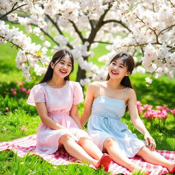 Two cute Asian women enjoying a sunny day at the park, sitting on a picnic blanket surrounded by blooming cherry blossoms