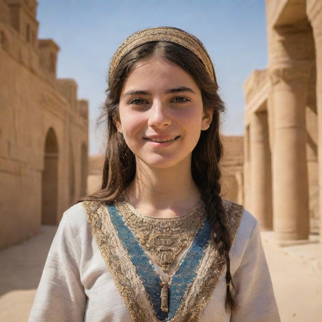 A spirited, animated teenage girl in traditional Mesopotamian attire, with a backdrop of ancient Mesopotamian architecture.