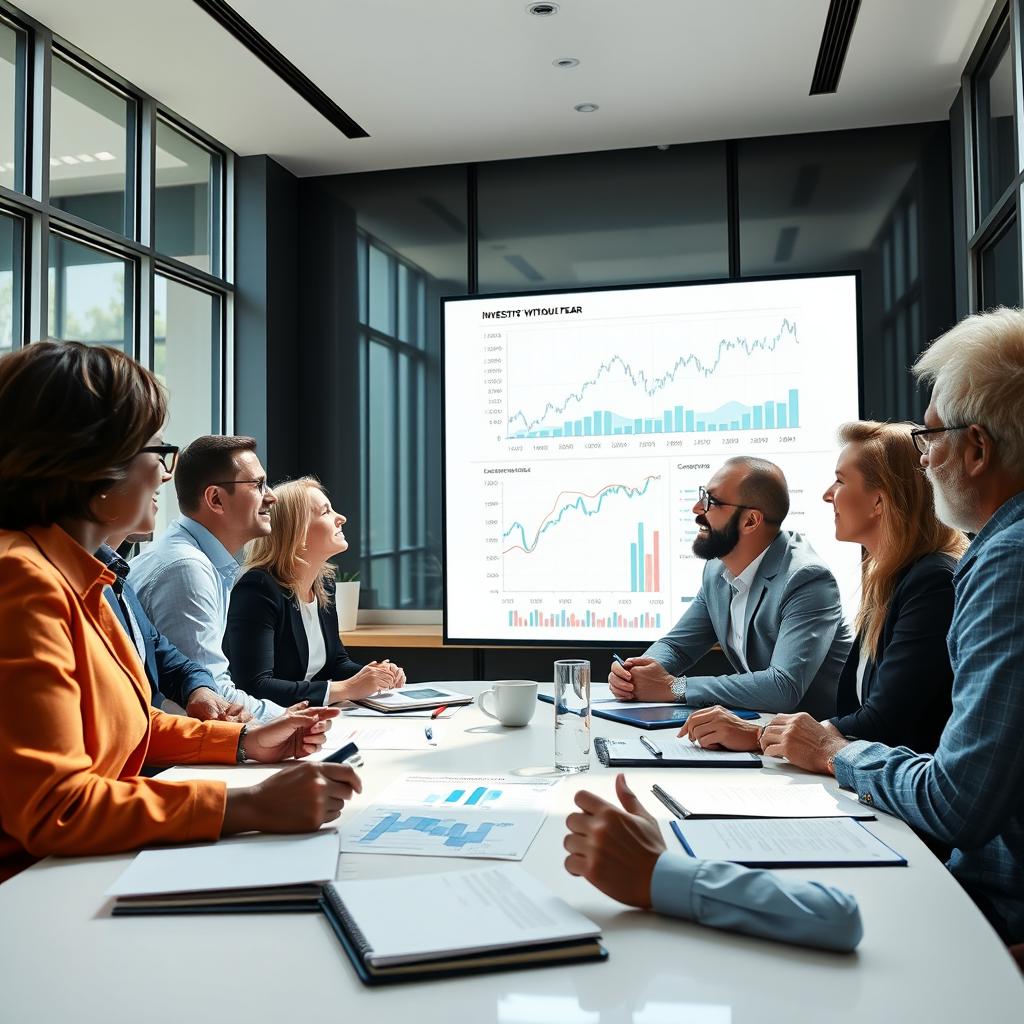 A group of experts gathered around a table, animatedly discussing financial strategies, charts, and graphs