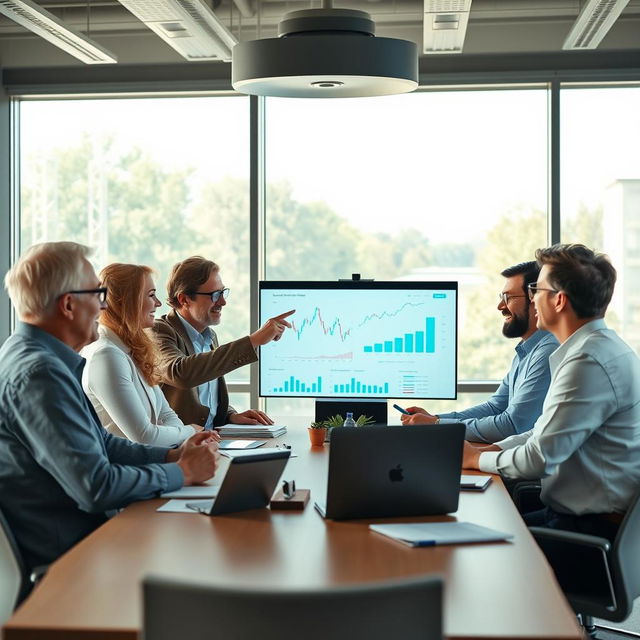 A group of experts gathered around a table, animatedly discussing financial strategies, charts, and graphs