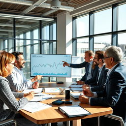 A group of experts gathered around a table, animatedly discussing financial strategies, charts, and graphs