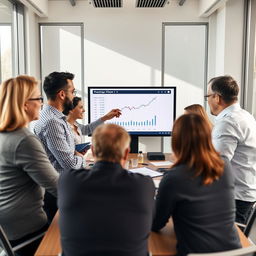 A group of experts gathered around a table, animatedly discussing financial strategies, charts, and graphs